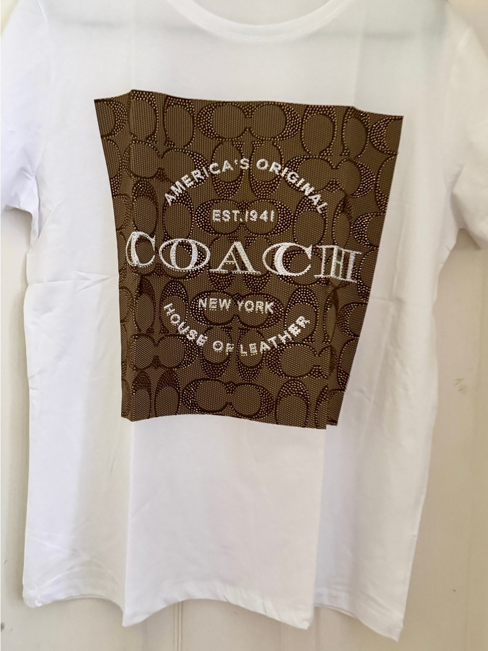 Coach White Short Sleeve Tee with Brown Signature Panel Logo